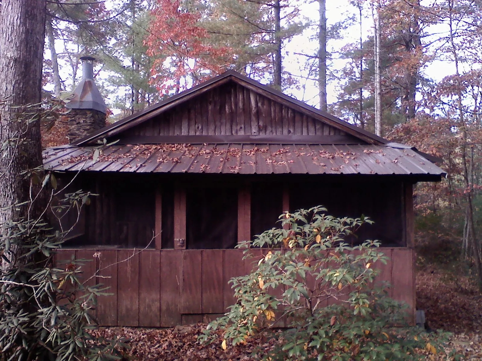 Metal roof over the screened porch of a rustic cabin in Cranbury